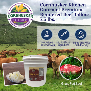 CORNHUSKER KITCHEN Grass Fed Beef Tallow, 7.5 Lbs, All-Natural Cooking Fat