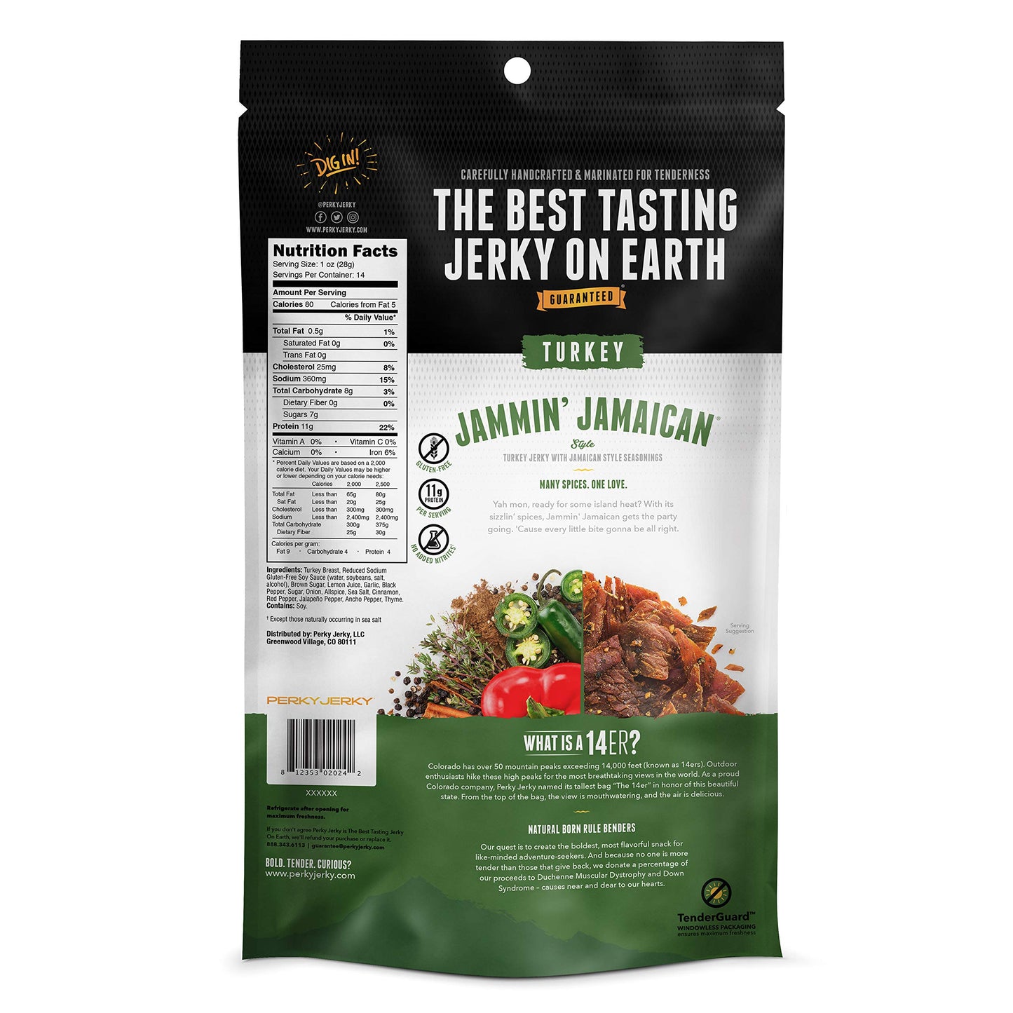 Perky Jerky Jammin' Jamaican Turkey Jerky, 14Oz - Low Sodium - 11G Protein Per Serving - Low Fat - 100% U.S. Sourced - Tender Te