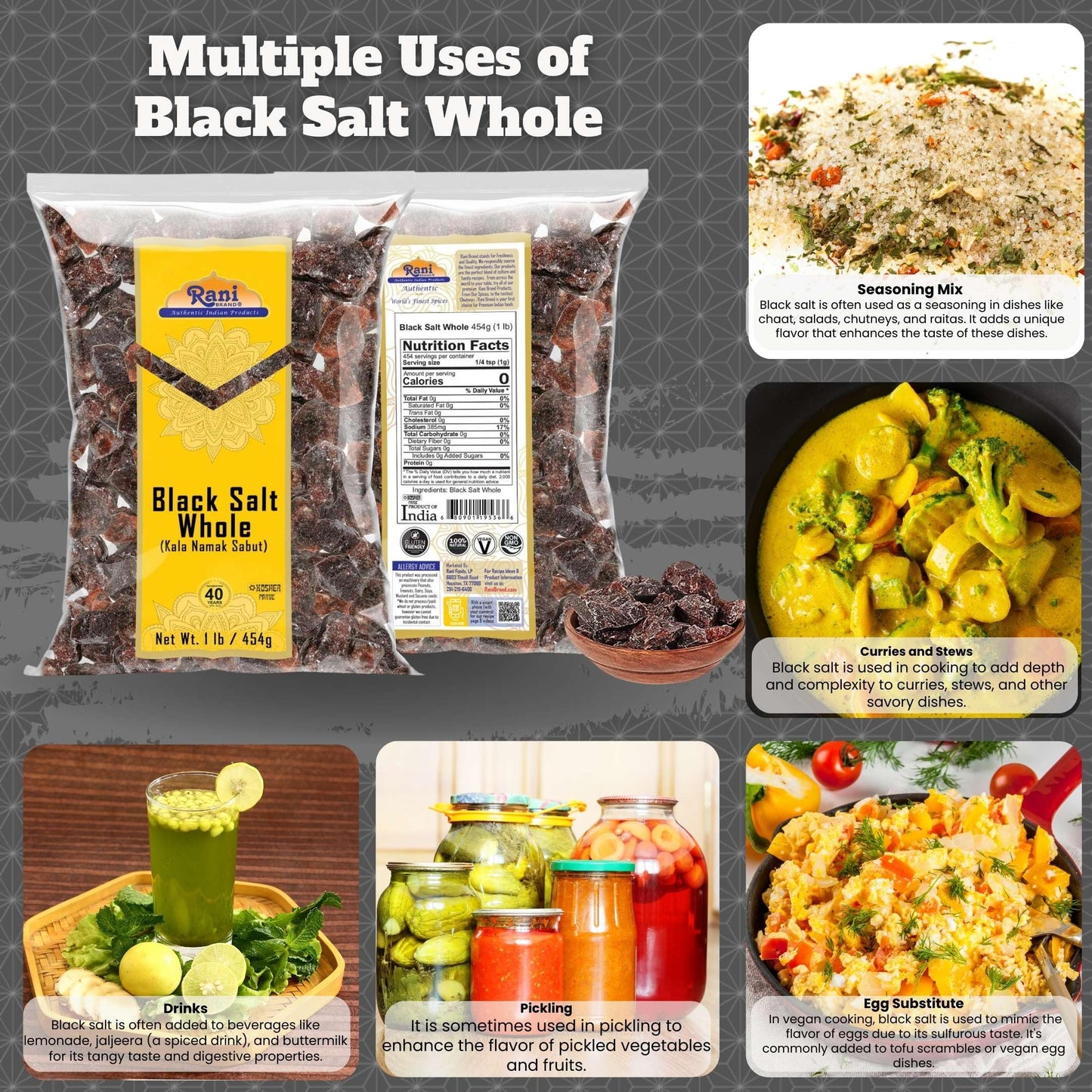 Rani Black Salt Raw Whole (Kala Namak) Mineral 16Oz (1Lb) 454G ~ Unrefined, Pure And Natural | Vegan | Gluten Friendly | Non-Gmo | Indian Origin | Perfect For Tofu Scramble