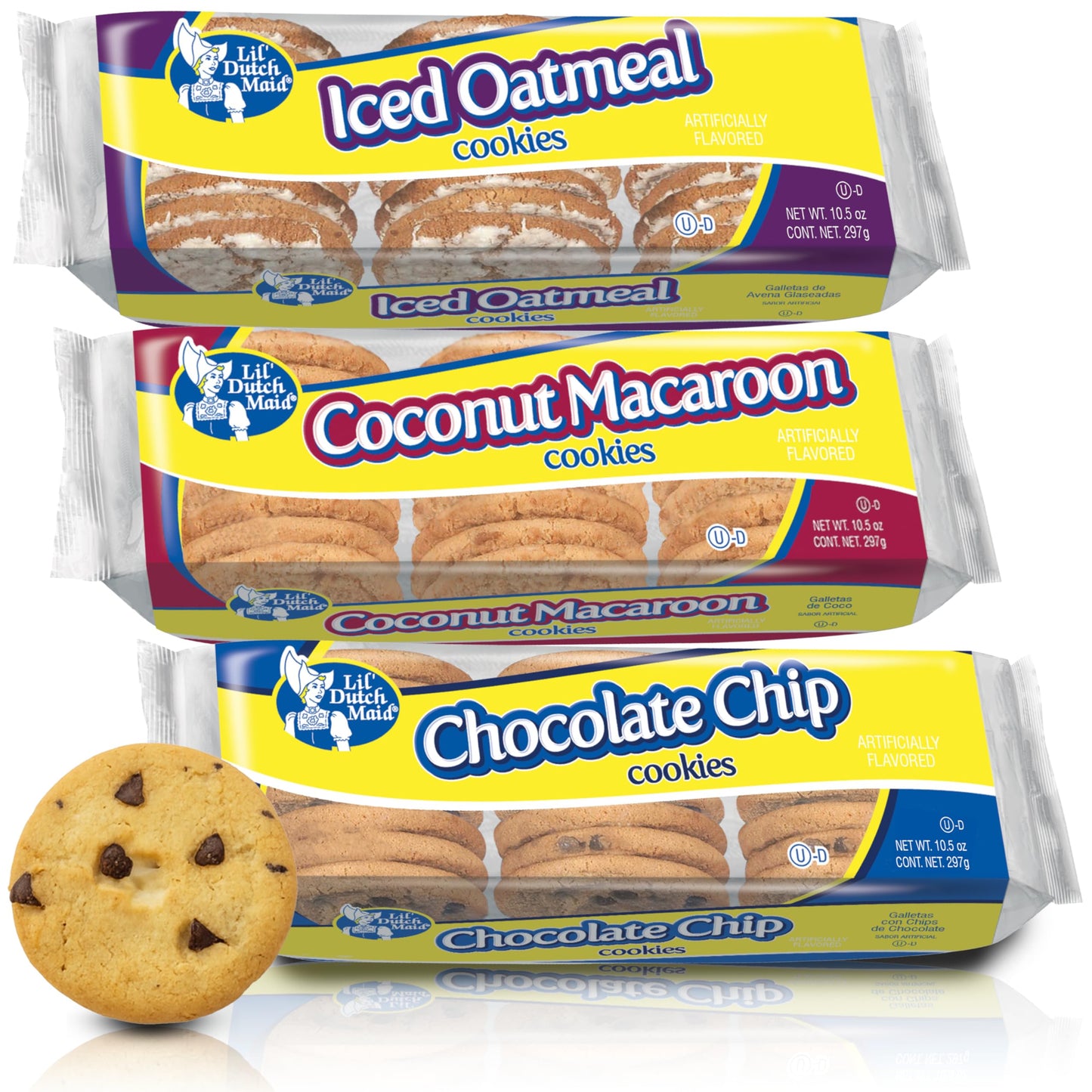 Lil Dutch Maid Cookies Variety Pack | 10.5 oz (Pack of 3) | Chocolate Chip, Iced Oatmeal, and Coconut Macaroon Flavors | Classic
