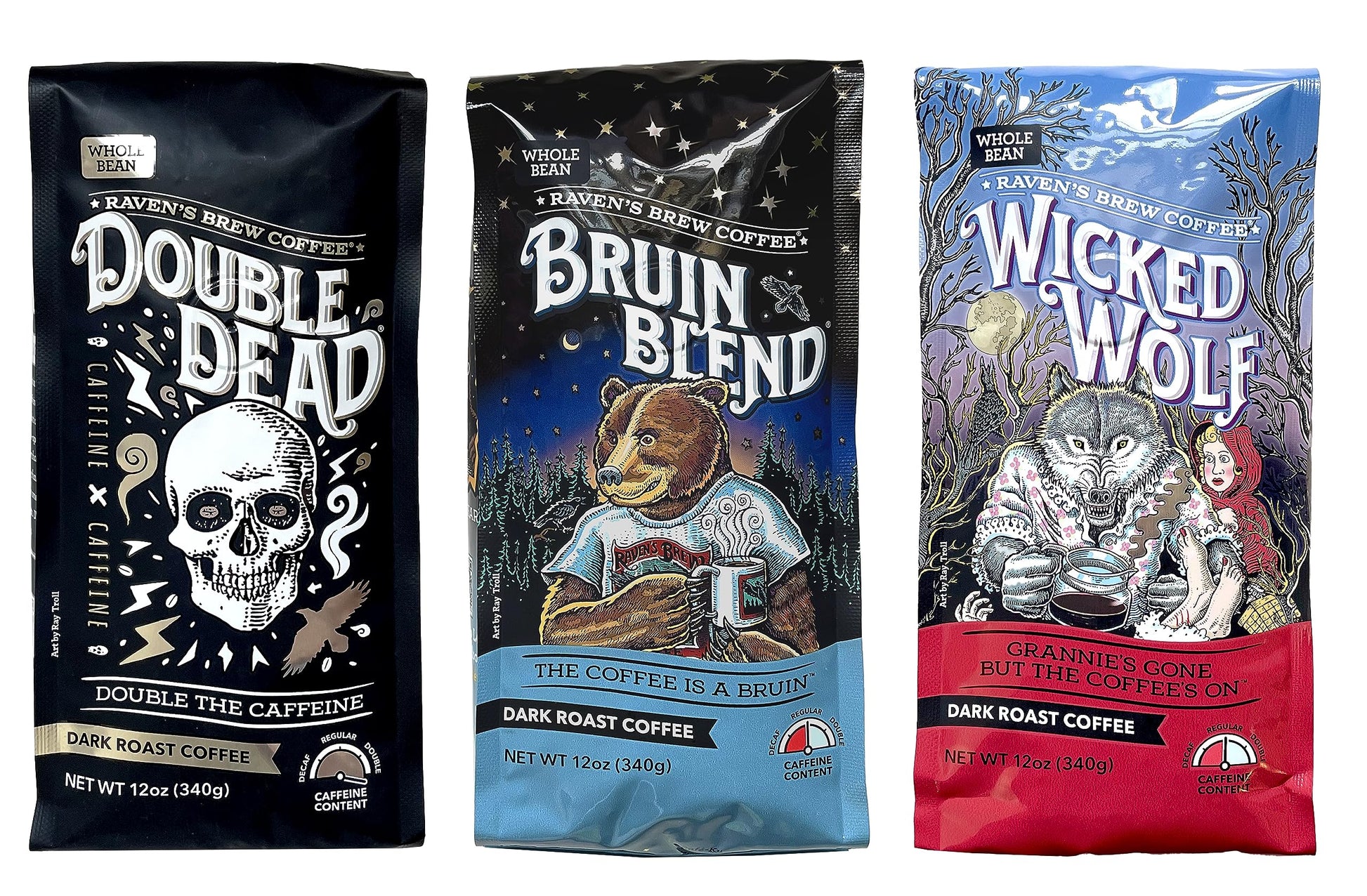 Raven's Brew Whole Bean Coffee Variety Pack - 3 Delicious Flavors - Double Dead, Bruin Blend and Wicked Wolf - 12oz each