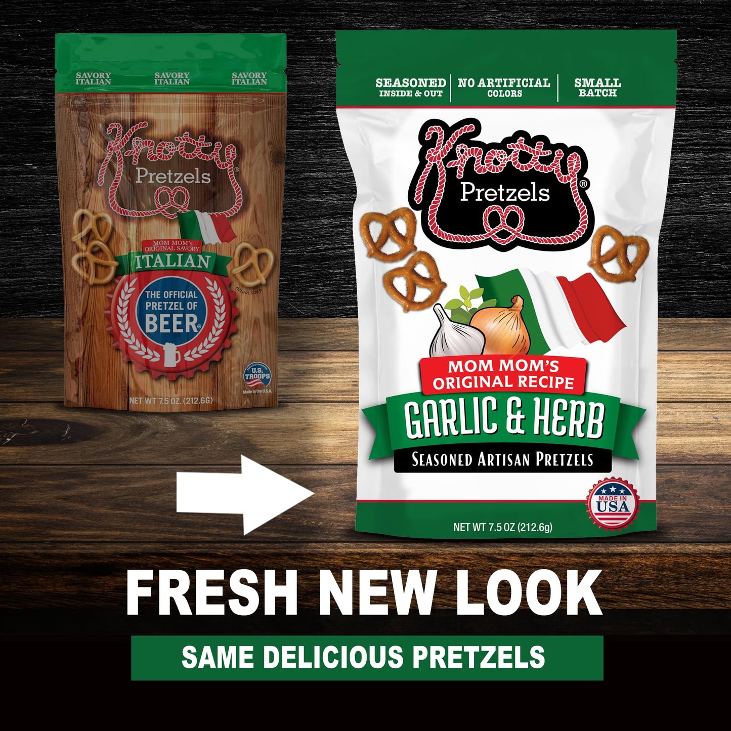 Knotty Pretzels “The Official Pretzel Of Malt-Inspired” 7.5 Oz Individual Seasoned Pretzels In Resealable Pretzel Snack Bags, The Perfect Pairing For Malt-Inspired, Savory Italian Flavor (6-Pack)