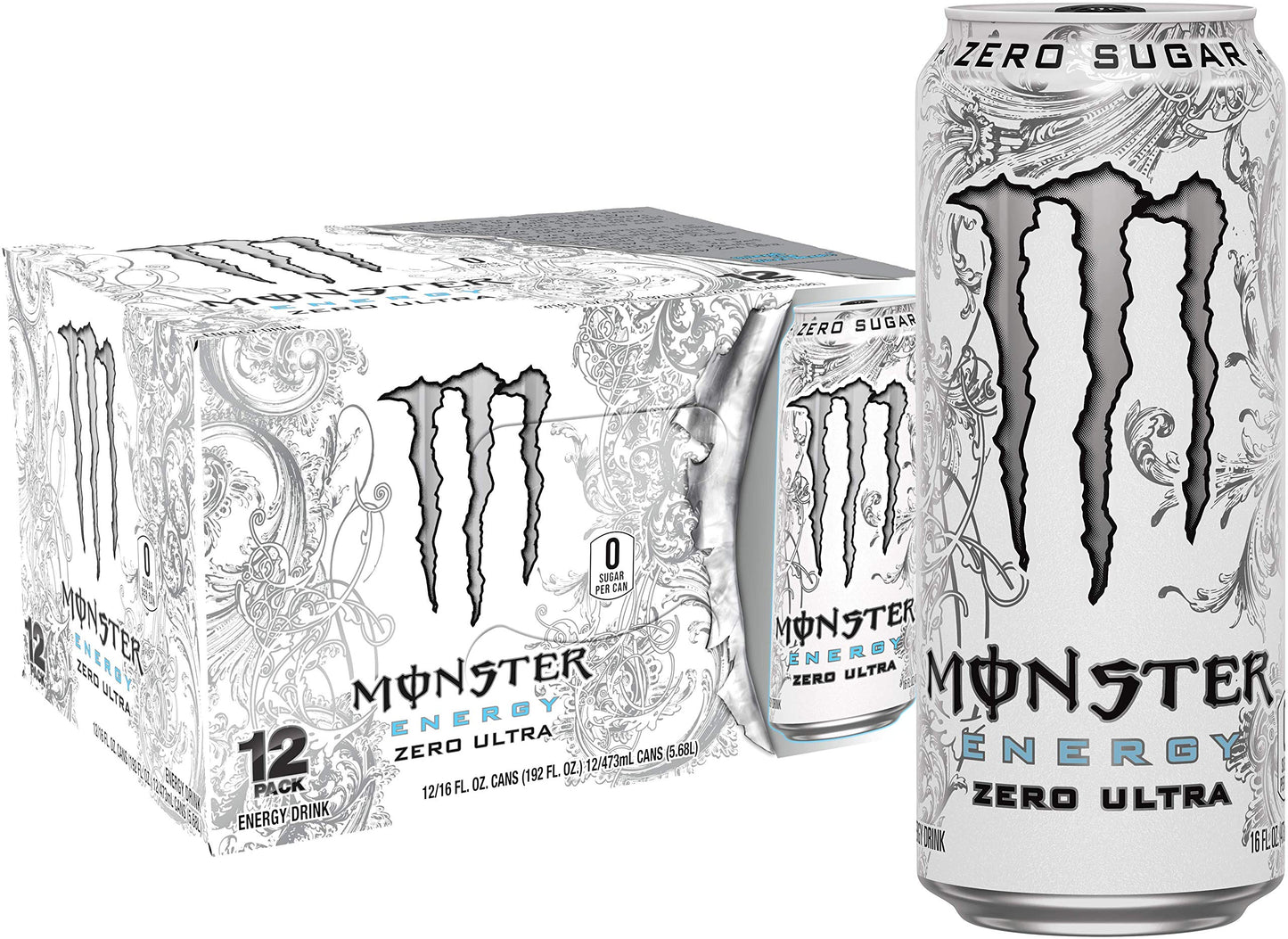 Monster Energy Zero Ultra Sugar Free Energy Drink, 16 Fl Oz, Pack of 12, White