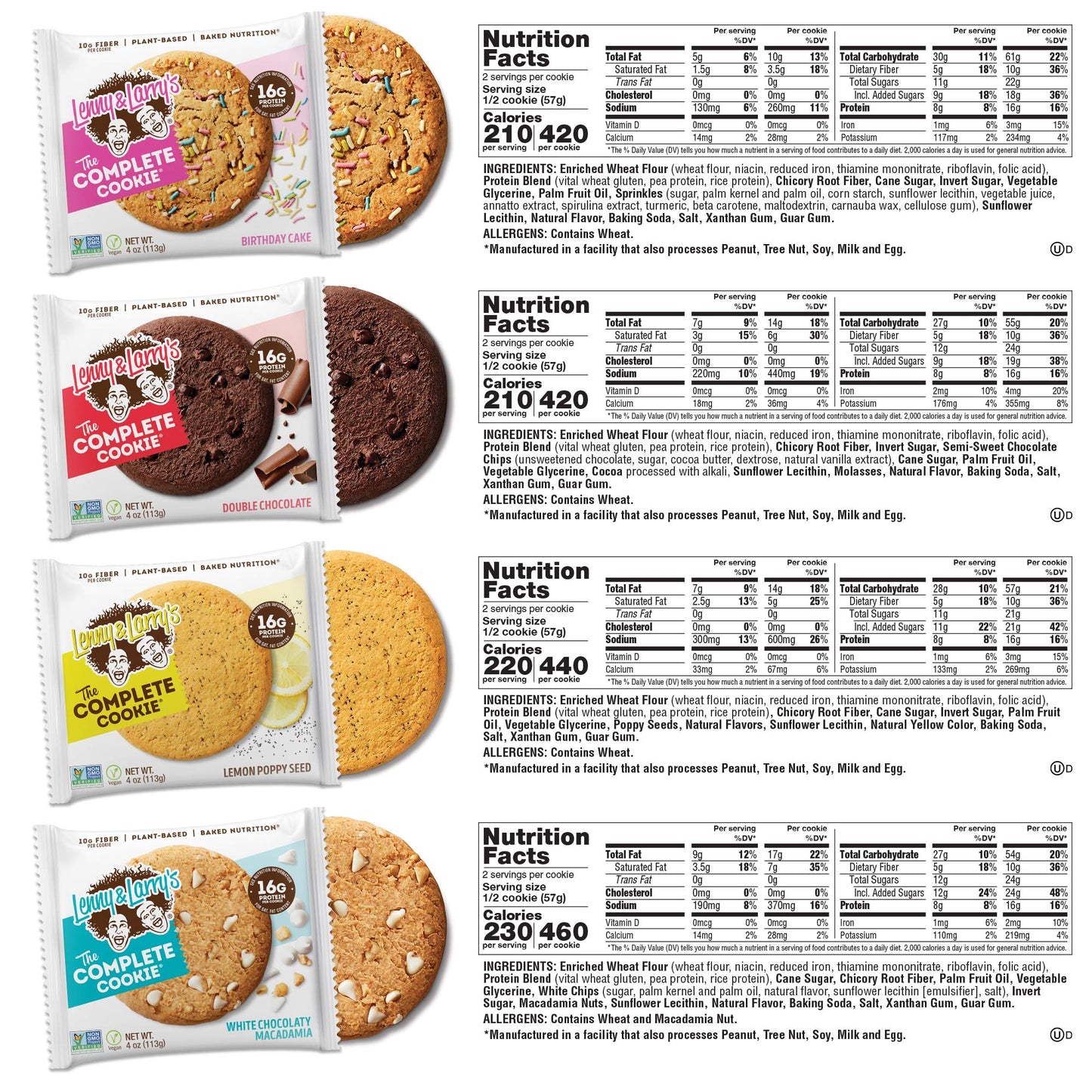 Lenny & Larrys The Complete Cookie, 8 Flavor Variety Pack, Soft Baked, 16g Plant Protein, Vegan, Non-GMO, 4 Ounce Cookie (Pack