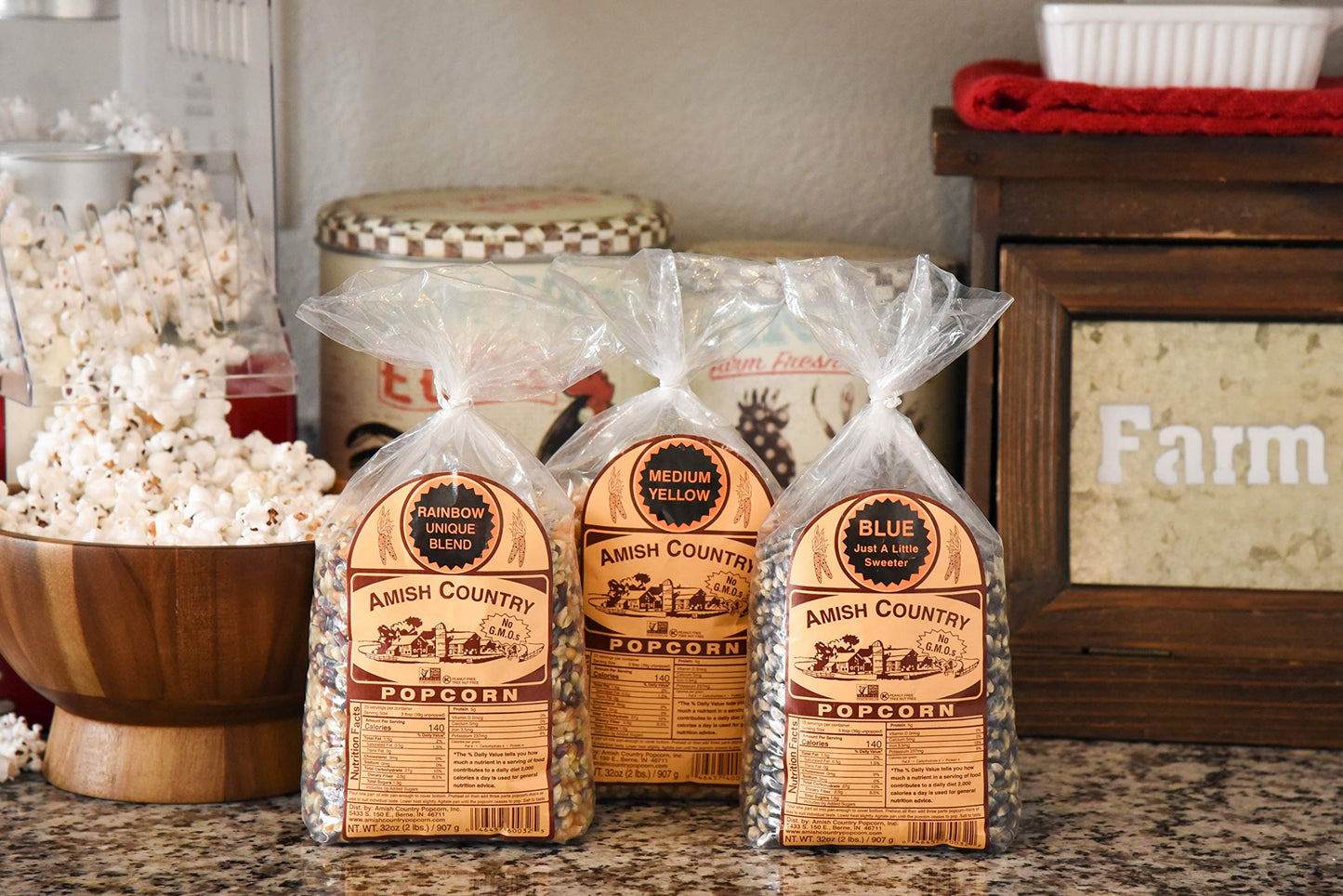 Amish Country Popcorn | 3-2 Lb Bags - Rainbow, Medium Yellow & Blue Kernels | Old Fashioned, Non-Gmo And Gluten Free