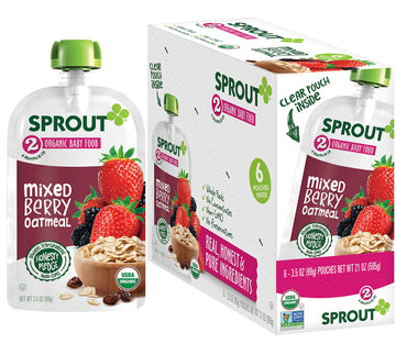 Sprout Organic Baby Food, Stage 2 Pouches, Fruit Veggie & Grain Blend, Mixed Berry Oatmeal, 3.5 Oz Purees (Pack Of 6)
