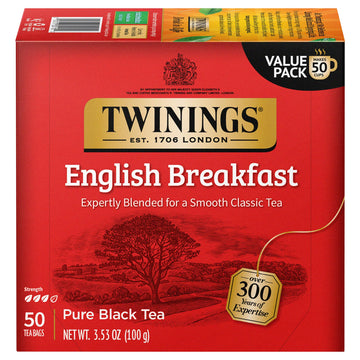 Twinings English Breakfast Black Tea Individually Wrapped Bags, 50 Count (Pack of 6), Flavourful, Robust, Caffeinated, Enjoy Hot