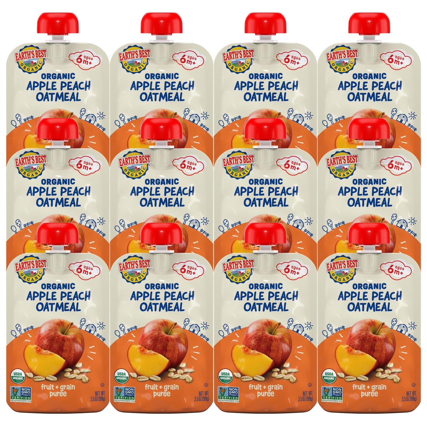 Earths Best Organic Baby Food Pouches, Fruit and Grain Puree for Babies 6 Months and Older, Organic Apple Peach and Oatmeal Pur
