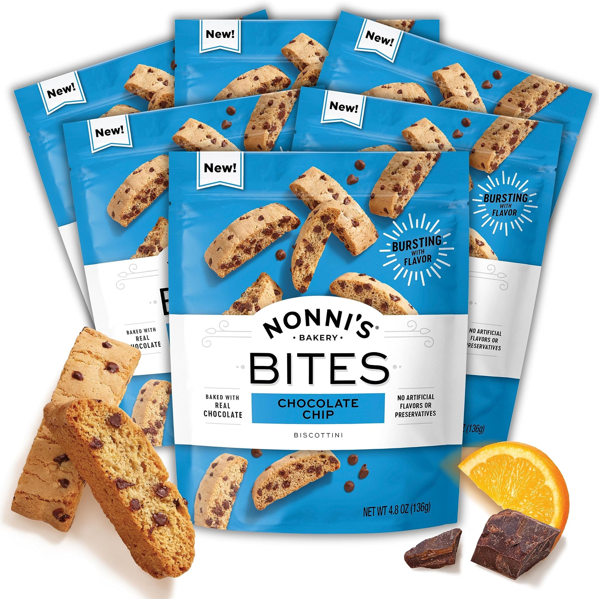 Nonnis Biscotti Style Bite Sized Twice Baked Crispy Cookie Bites - Kosher - 4.8oz, Chocolate Chip Biscottini (Pack of 6)