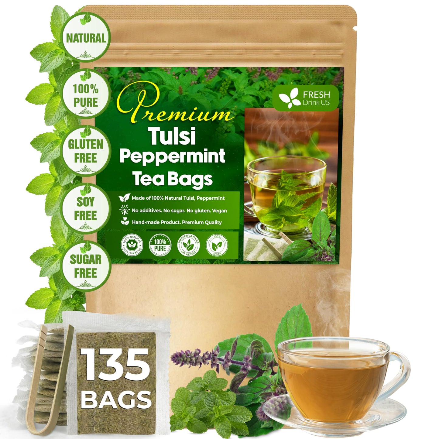Freshdrinkus Top-Grade Tulsi Peppermint Herbal Tea - 135 Tea Bags 100% Natural Blend Of Tulsi Holy Basil Leaves And Peppermint Leaves. Made With Natural Material Tea Bags. No Sugar Vegan.