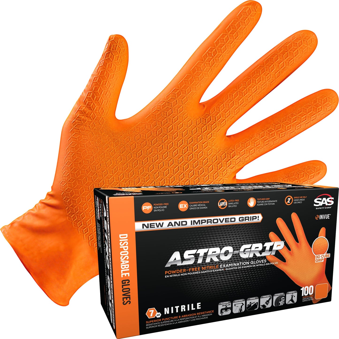 Sas Safety 66575 Nitrile Astro Grip Powder-Free Disposable Glove, Xx-Large (Pack Of 1000), Orange