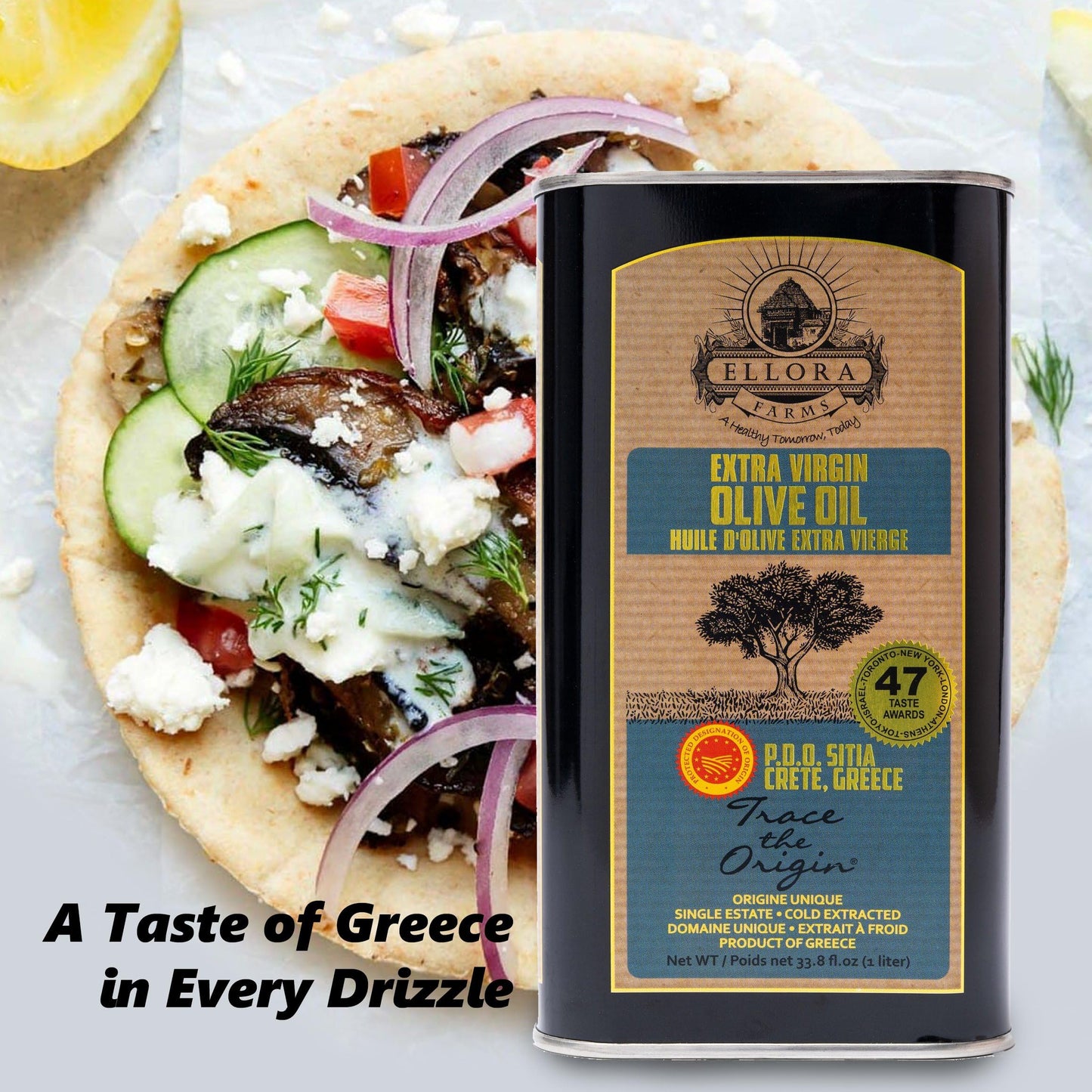 Ellora Farms Extra Virgin Olive Oil, Single Estate, Cold Pressed, 33.8 Fl Oz (Pack of 2), Kosher, Traceable, Crete, Greece