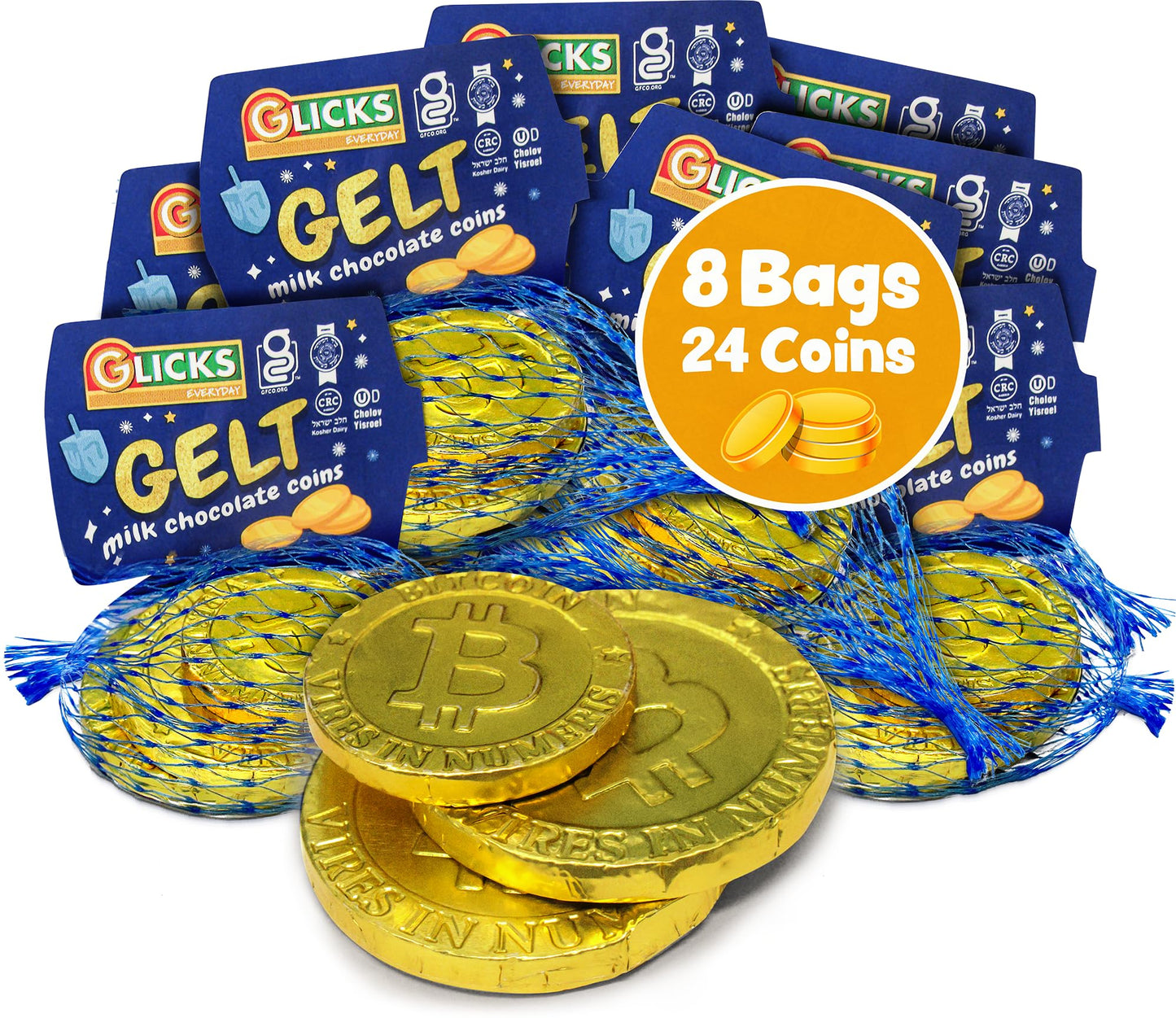 Glicks Milk Chocolate Gold Coins (8 Bags - 24 Total Coins) Kosher Milk Chocolate Chanukah Gelt | Gluten Free Product Of Israel | Chalav Yisroel | For Holidays Chanukah Parties & Dreidel Games And Every Day!