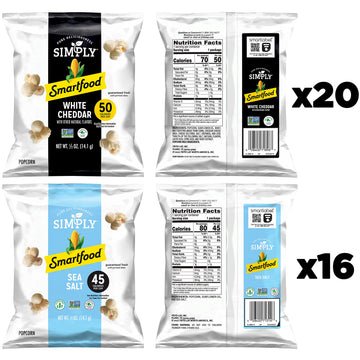 Smartfood Simply Variety Pack, White Cheddar & Sea Salt Popcorn, 0.5oz Bags, 36 Count, Perfect for Snacking