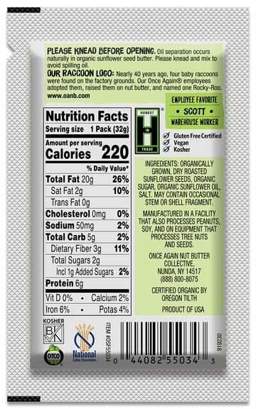 Once Again Organic Creamy Sunflower Butter - 1.15Oz Squeeze Packs, 10 Count - Lightly Salted & Sweetened - Peanut Free, Usda Organic, Gluten Free Certified, Vegan, Kosher