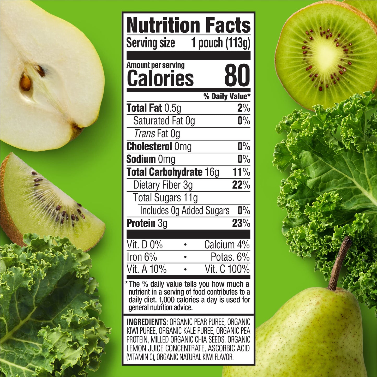 Happy Tot Organics Stage 4 Baby Food Pouches, Gluten Free, Vegan Snack, Fiber & Protein Fruit & Veggie Puree, Pears, Kiwi & Kale