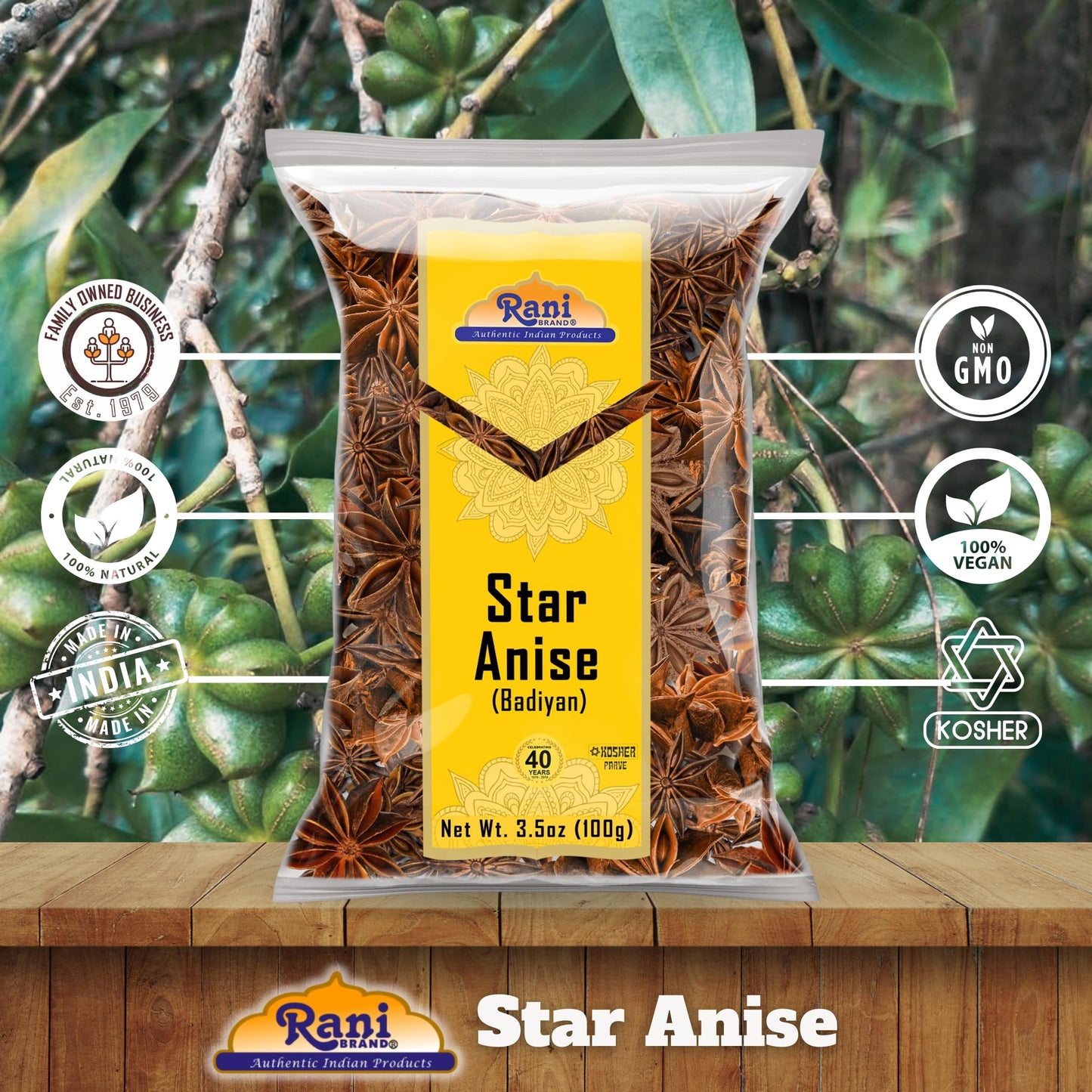 Rani Star Anise Seeds, Whole Pods (Badian Khatai) Spice 3.5Oz (100G) ~ All Natural | Gluten Friendly | Non-Gmo | Kosher | Vegan