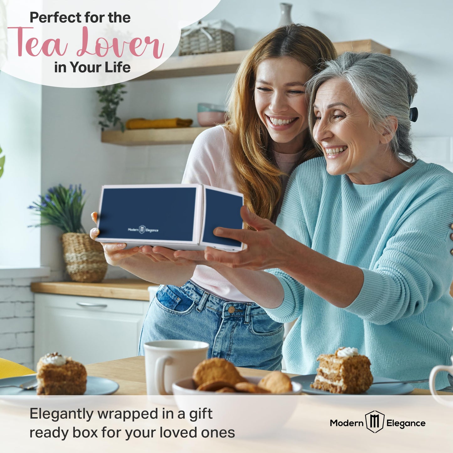 Modern Elegance Tea Gift Set for Women with 15 Tea Sachets, 10 Honey Straws, Cozy Socks, and Greeting Card - Vanilla Chai