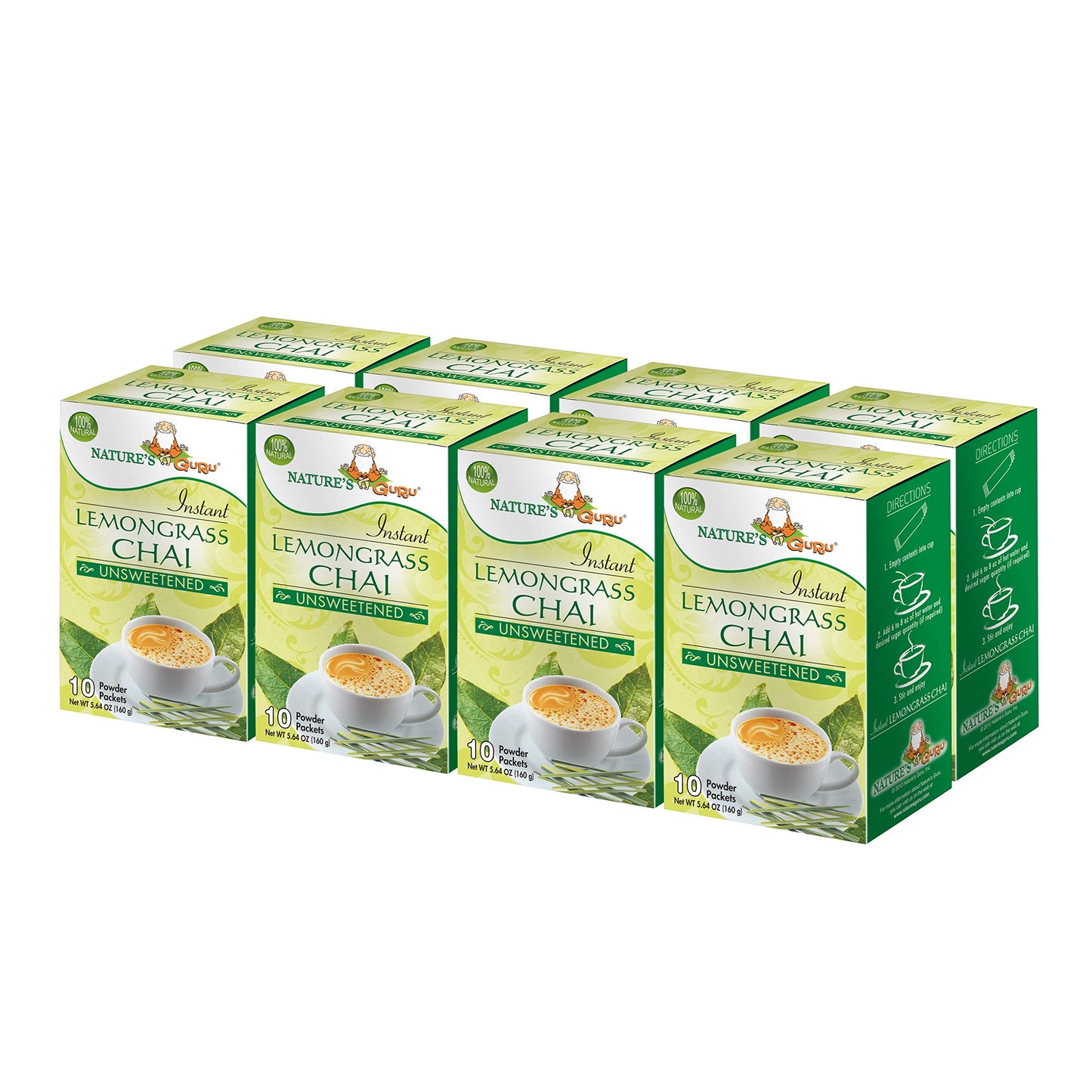 Natures Guru Instant Lemongrass Chai Tea Drink Mix Unsweetened, 5.64 oz (Pack of 8), Single Serve On-the-Go Packets