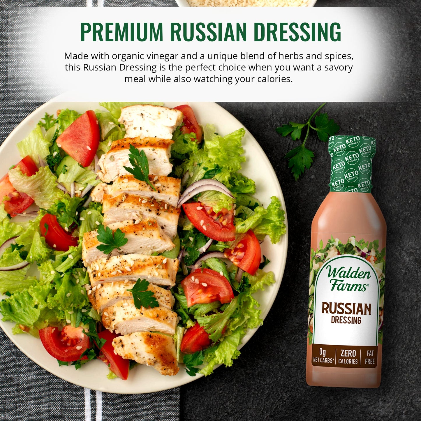 Walden Farms Russian Dressing 12 oz Bottle - Fresh and Delicious, Sugar Free 0g Net Carbs Condiment, Kosher Certified, So Tasty