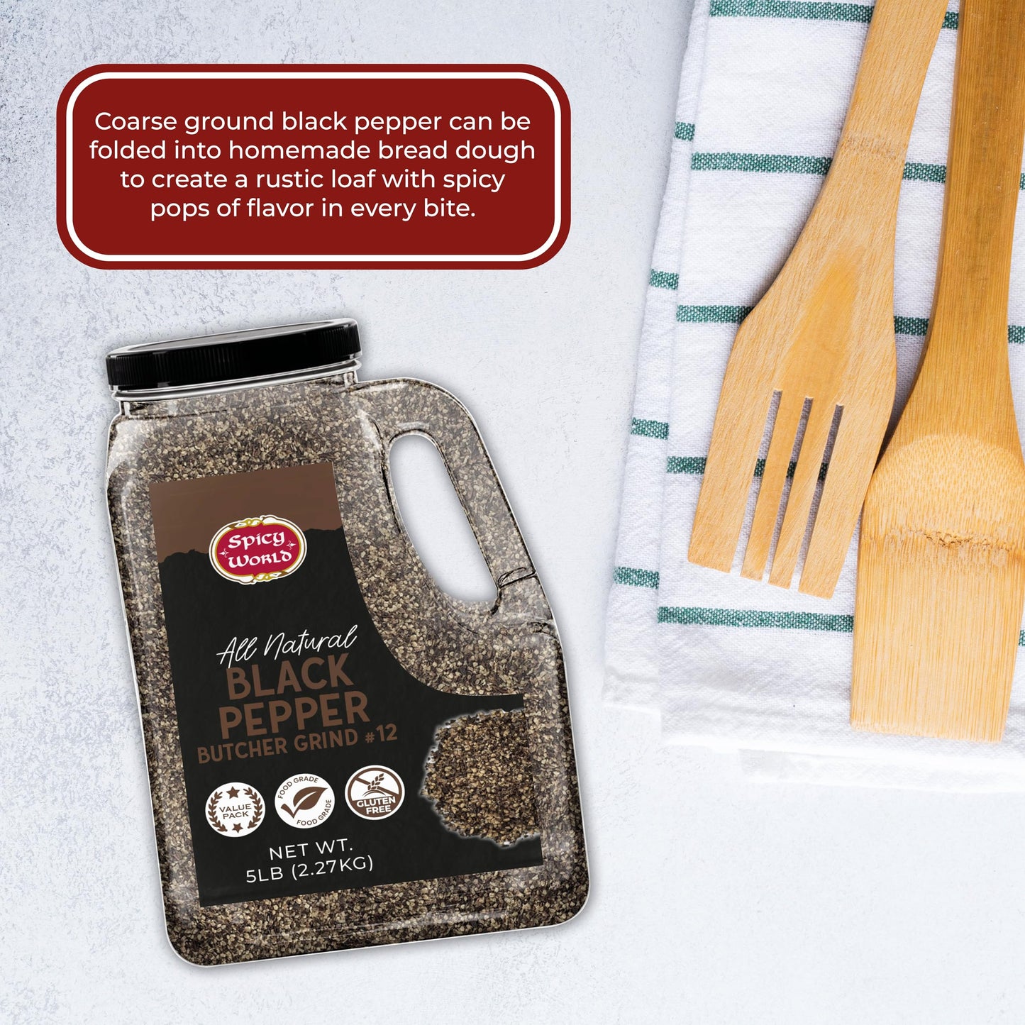 Black Pepper Ground Coarse 5 LB Bulk Jar Butcher Grind #12 - enhanced Ground Black Peppercorns All Natural Gluten Free Steam Sterilized - Restaurant Supply & BBQ Seasoning by Spicy World