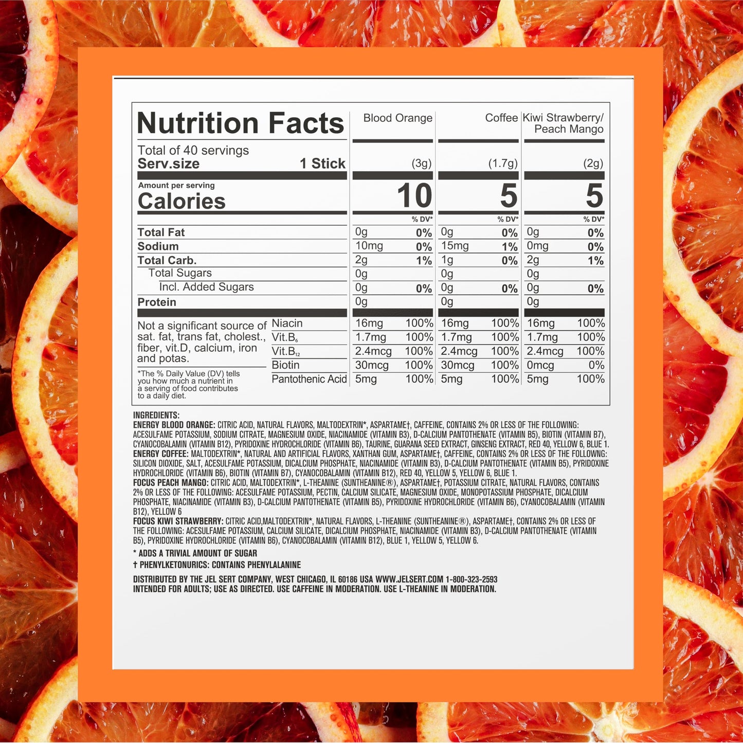 Pure Kick Energy And Focus Singles To Go Drink Mix Variety Pack,Blood Orange, Coffee, Strawberry Kiwi And Peach Mango, 40 Count