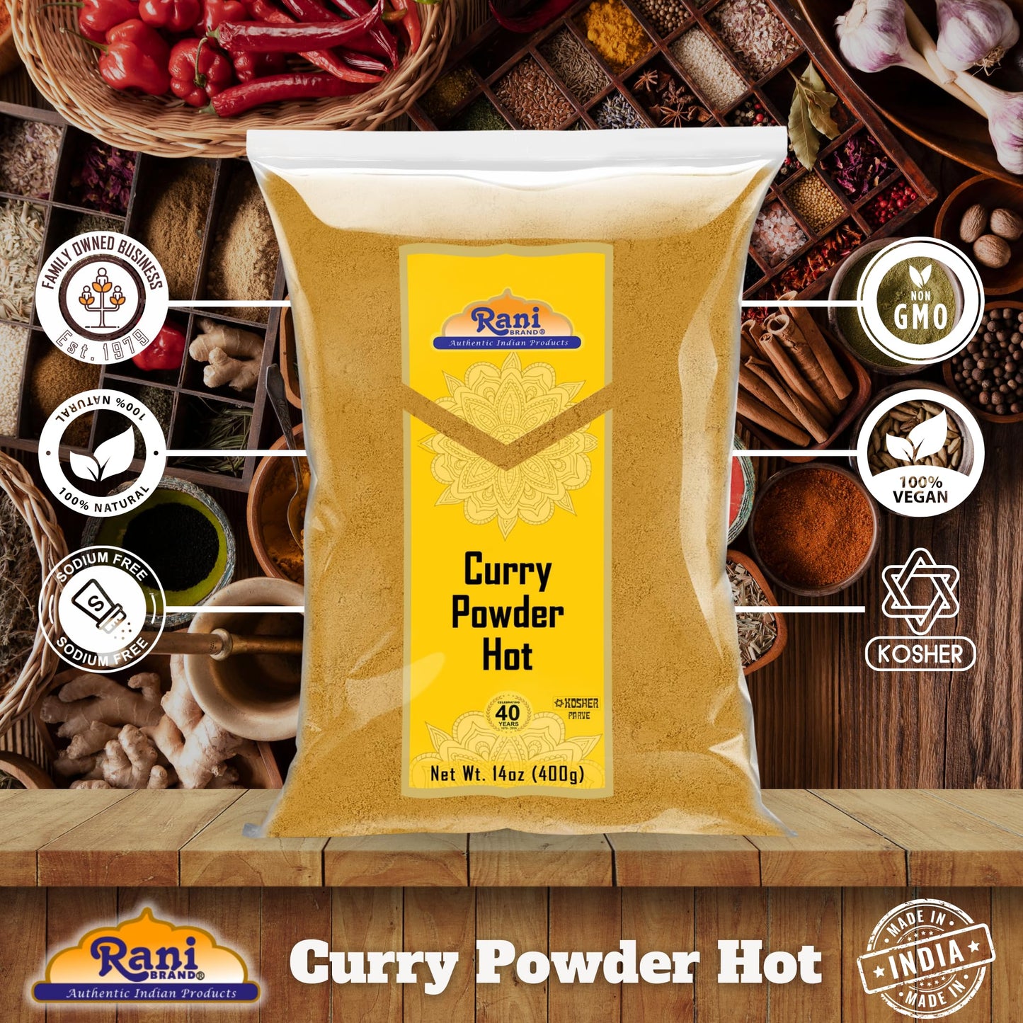 Rani Curry Powder Hot (11-Spice Authentic Indian Blend) 14oz (400g) ~ All Natural | Salt-Free | Vegan | No Colors | Gluten Frien