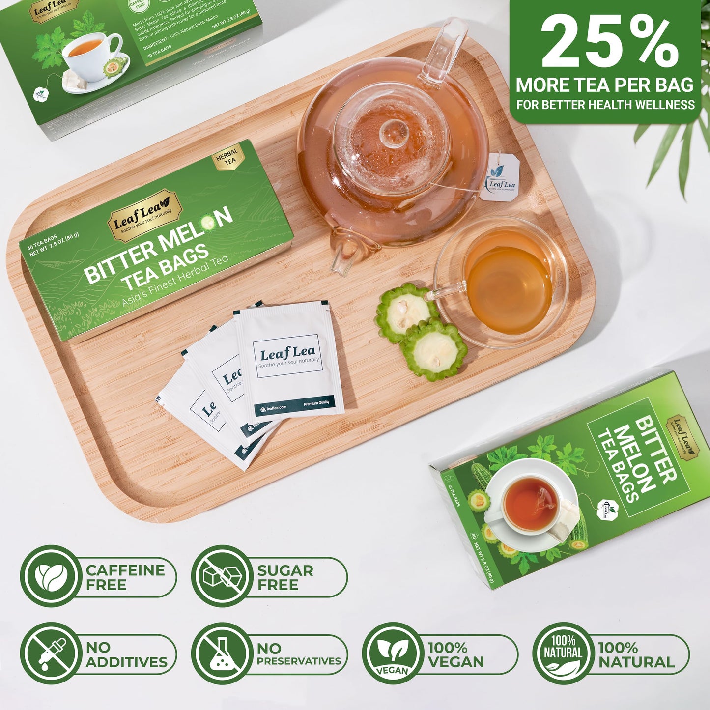 LeafLea Bitter Melon Tea Bags - 40 Cundeamor Herbal Tea, Caffeine-Free, Non-GMO, Sugar-Free, Vegan