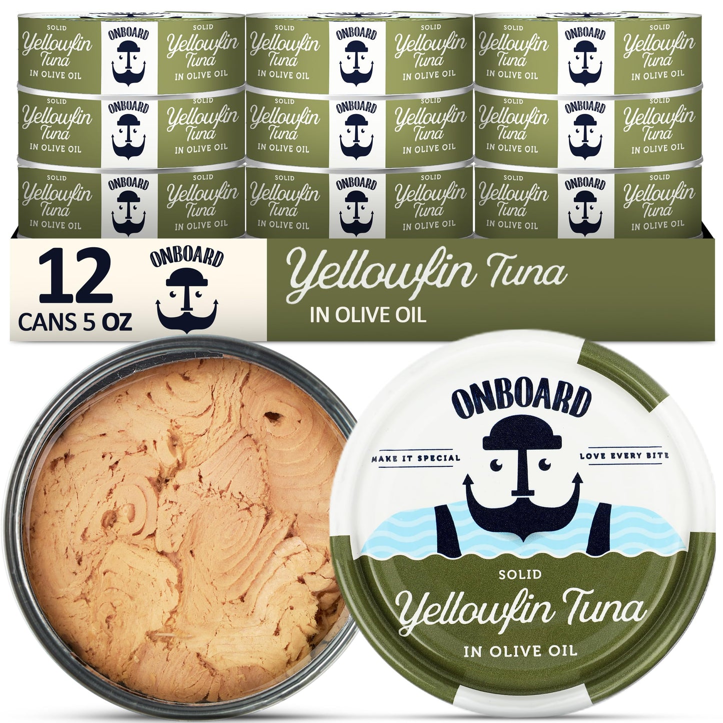 ONBOARD Premium Yellowfin Tuna in Olive Oil - 12 Pack Solid Light 5 Oz Cans Sustainably Wild Caught Canned Tuna, Non GMO, Gluten