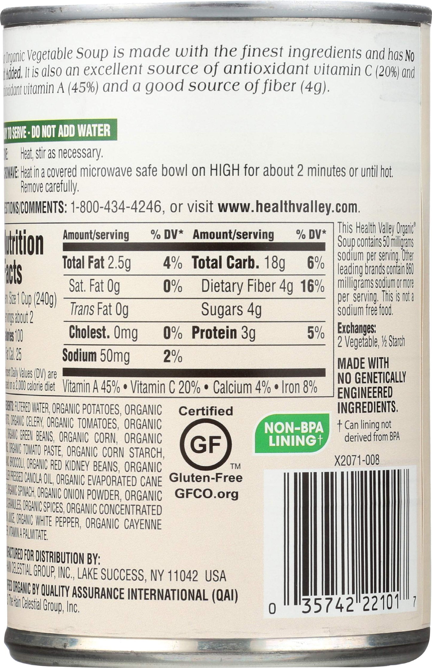 Health Valley Organic No Salt Added Soup, Vegetable, 15 Ounce