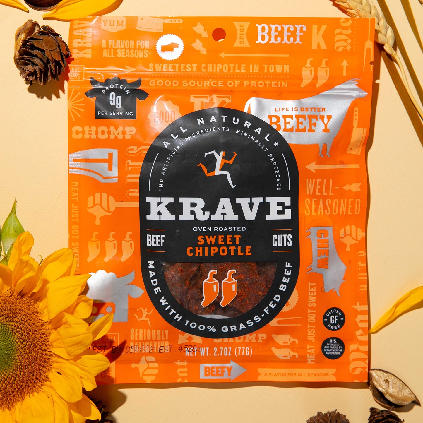 Krave All Natural Beef Jerky, Sweet Chipotle - Protein Packed Snacks Roasted For Maximum Flavor - 100% Grass Fed Beef - Gluten Free - 2.7 Ounce (Pack Of 8)
