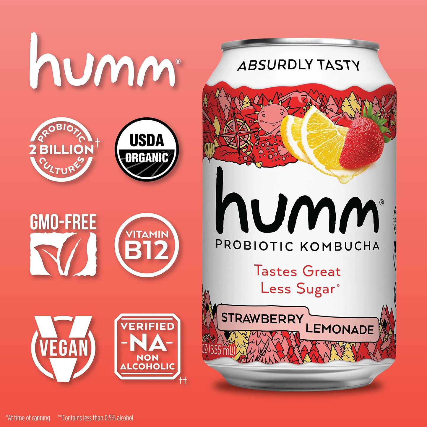 Humm Kombucha Strawberry Lemonade - Organic, Vegan & Gmo-Free (12 Pack)