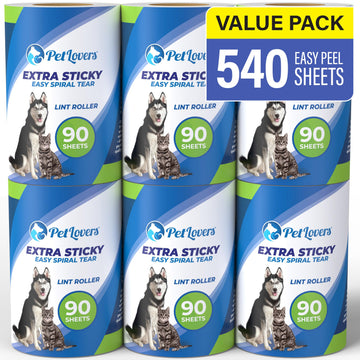PetLovers Extra Sticky Lint Roller Refills - 6 Pack, 90 Sheets Each, Total 540 Sheets - Blue, No Handle Included