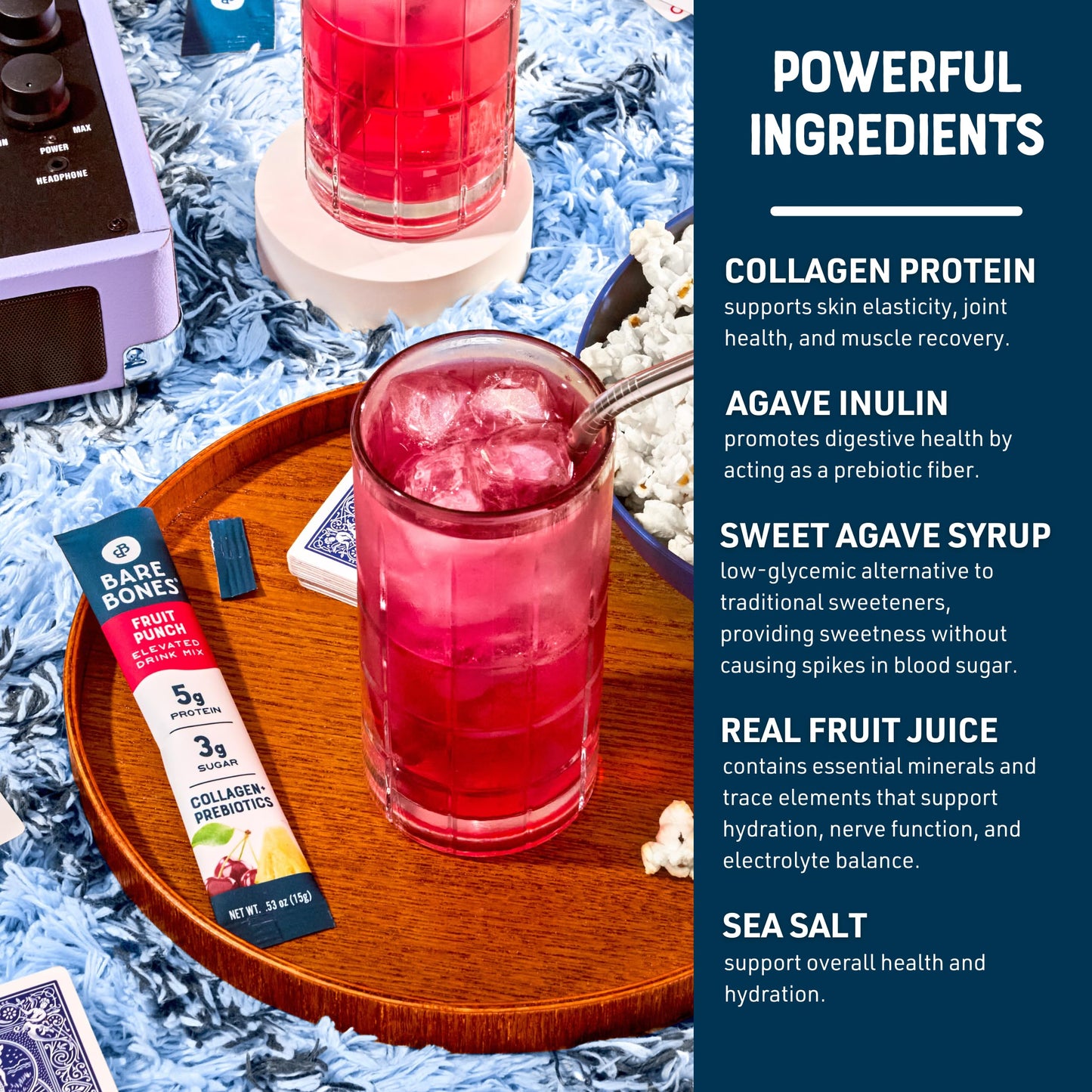 Bare Bones Fruit Punch Elevated Drink Mix | Collagen & Prebiotics | Gluten-Free & Naturally Sweetened | On-The-Go Stick Single-S