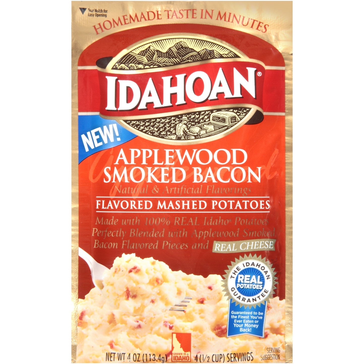 Idahoan Mashed Potatoes, Applewood Smoked Bacon Flavor, 4 oz (Pack of 12), Yellow