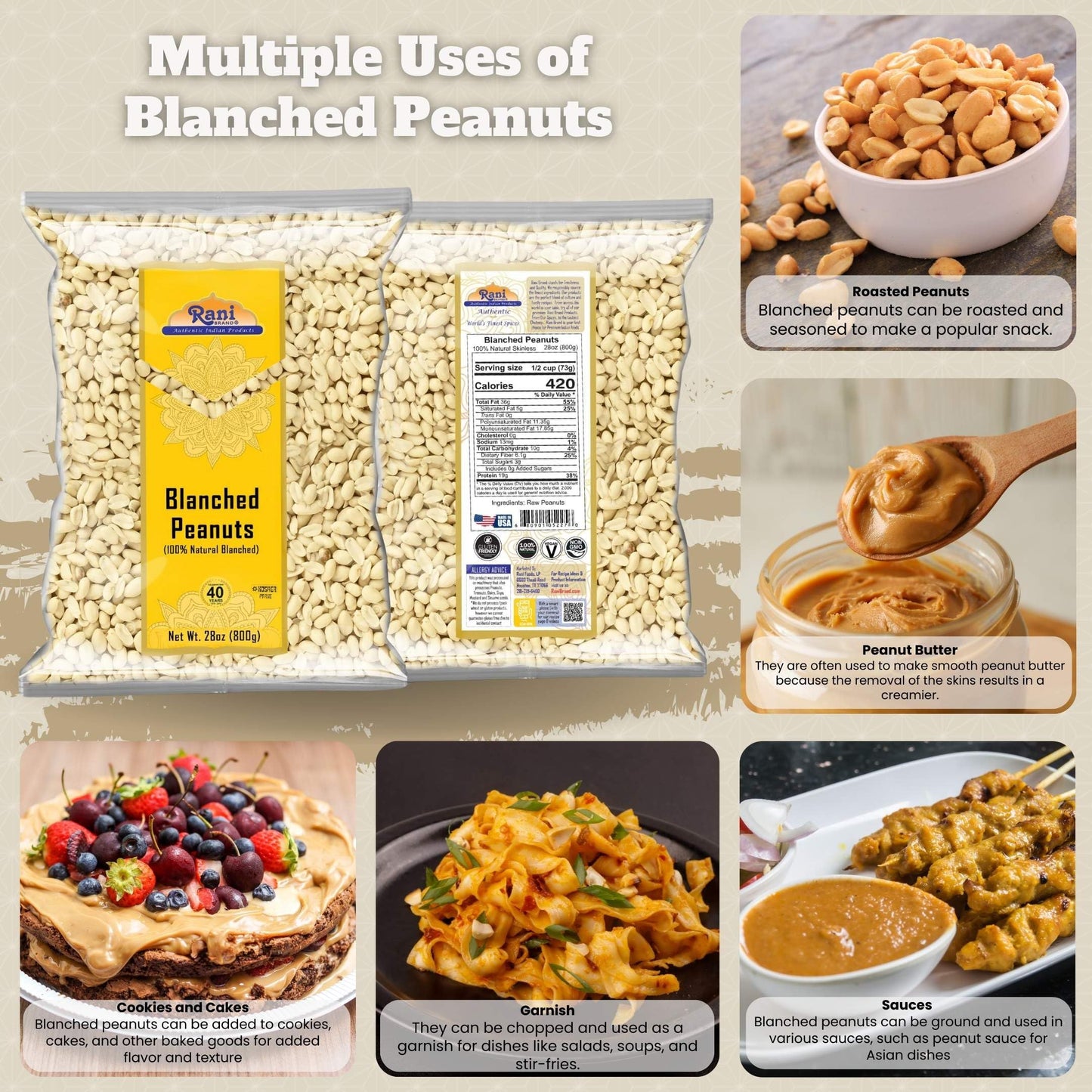 Rani Peanuts Skinless (Blanched, Uncooked) 28Oz (1.75Lbs) 800G ~ All Natural | Vegan | Gluten Friendly | Kosher | Fresh Product Of Usa ~ Spanish Grade Groundnuts