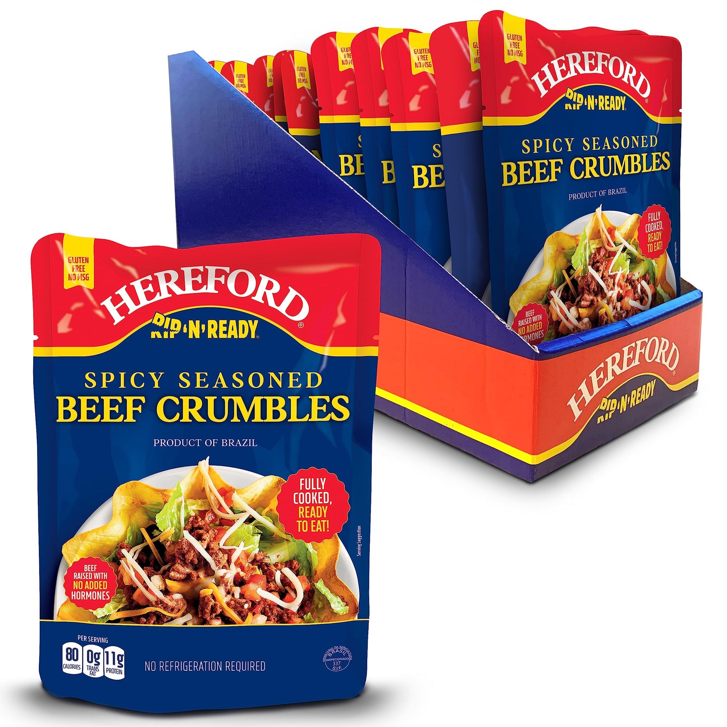 Hereford Spicy Seasoned Beef Crumbles | Shelf Stable | Halal | Fully Cooked | Ready-to-Eat | 12g of Protein per Serving | 6oz pe