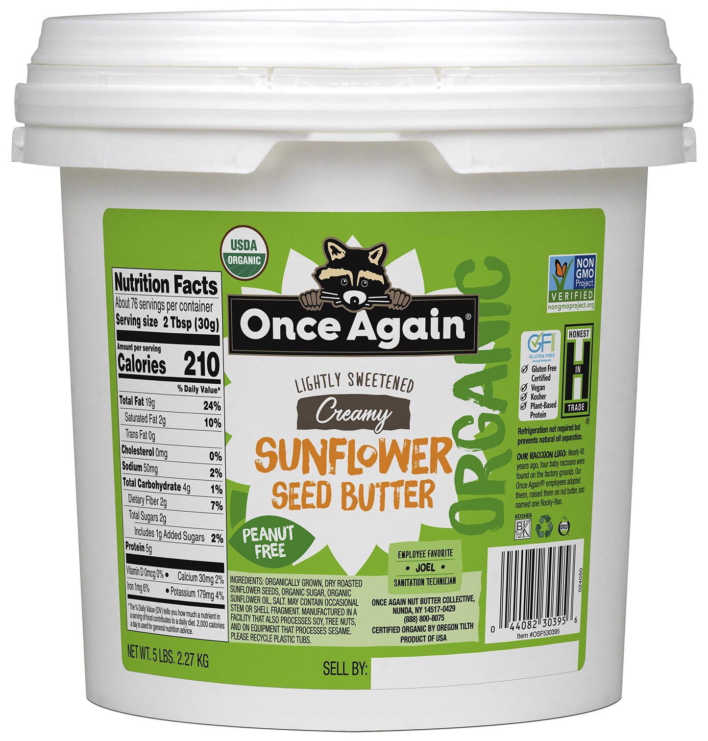 Once Again Organic Creamy Sunflower Butter, 5Lb Pantry Pal (Same As 5 Jars)- Lightly Salted & Sweetened - Peanut Free, Usda Organic, Gluten Free Certified, Vegan, Kosher