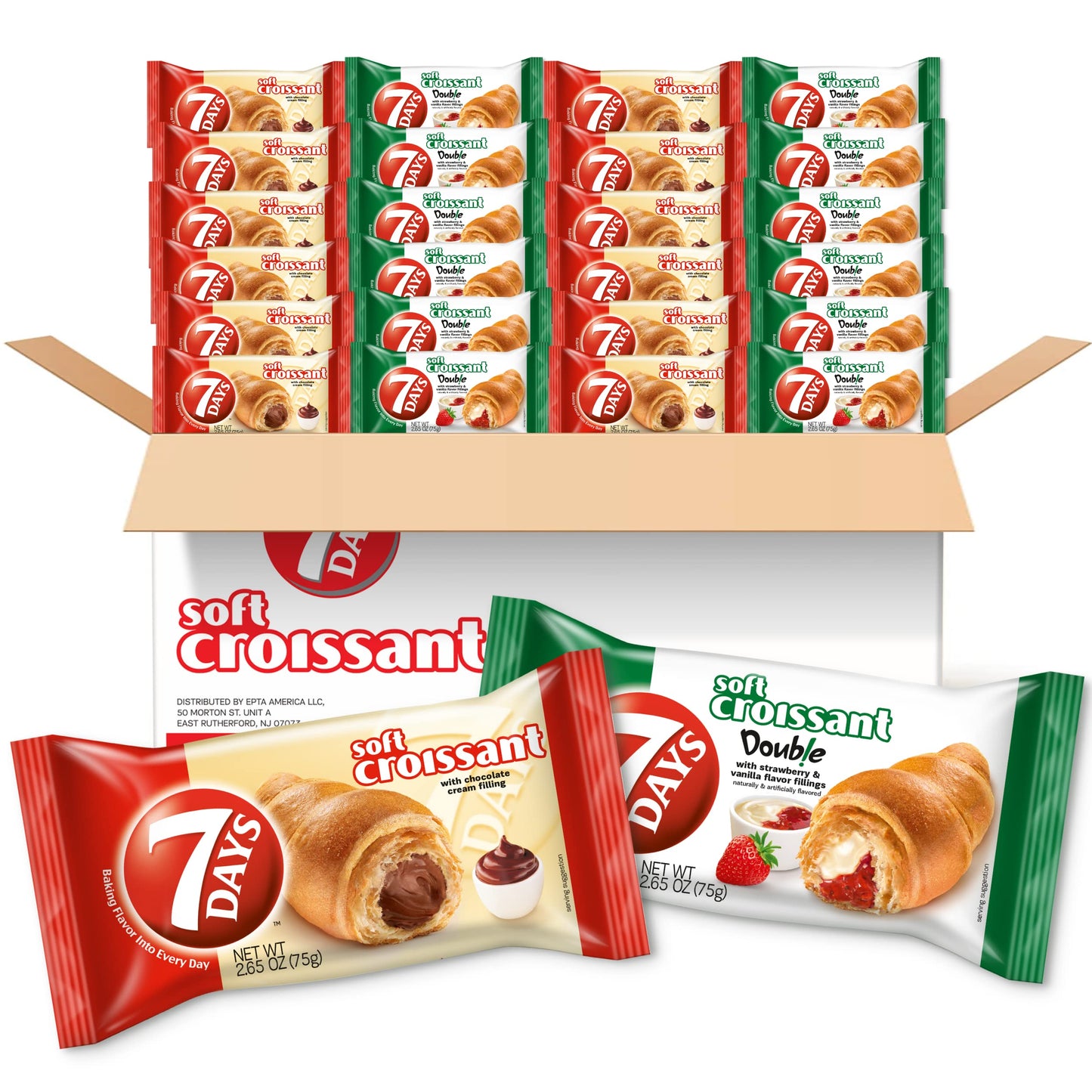 7Days Soft Croissant Variety Pack (24 Count) 12 Chocolate 12 Strawberry Vanilla Breakfast Pastry Individually Wrapped On The Go Snack (Pack of 24)