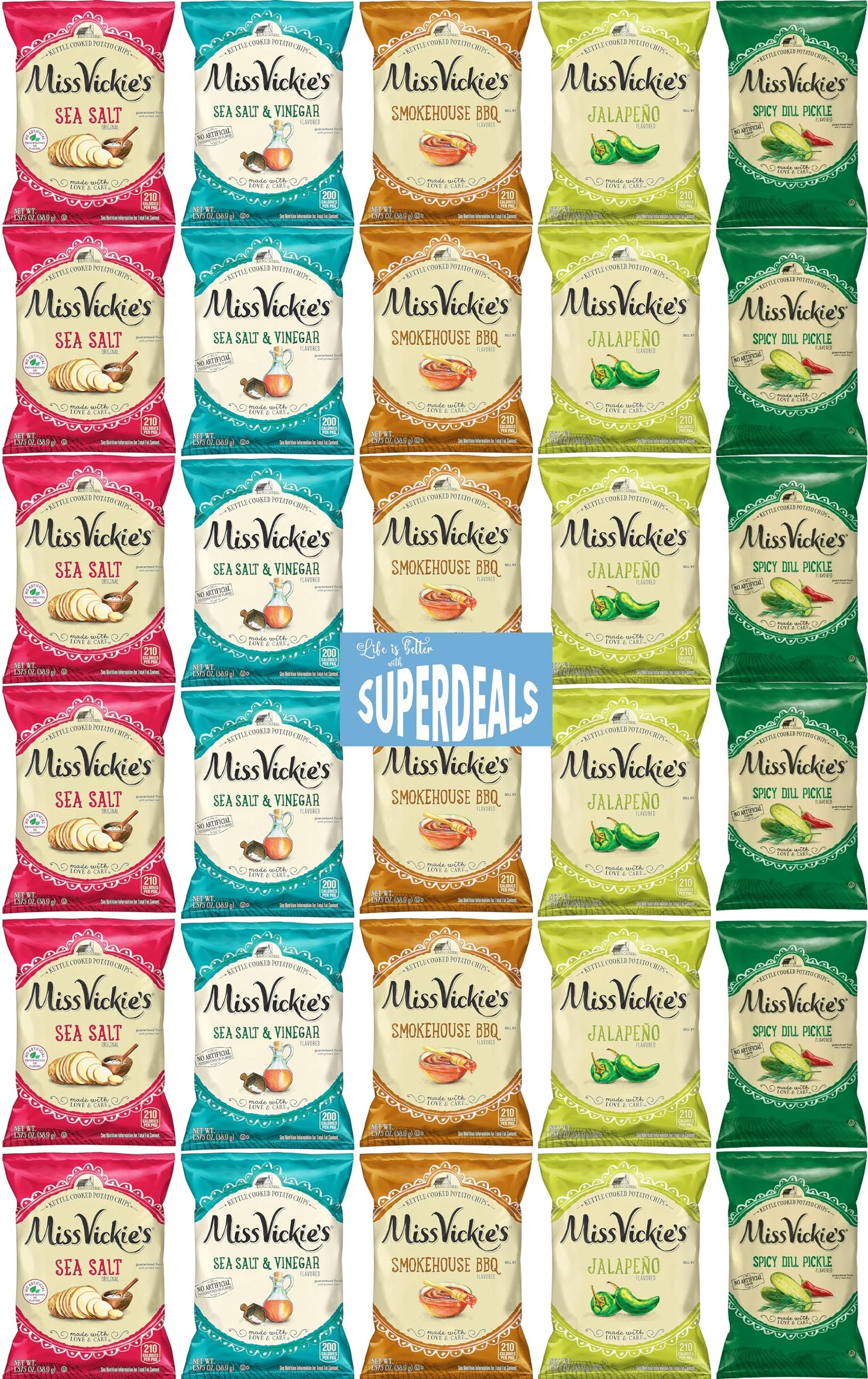 Kettle Cooked Potato Chips By Miss Vickie'S Value Pack Bundled By Superdeals | 1.375 Oz Bag | Supreme 5 Flavor Variety Pack Incl