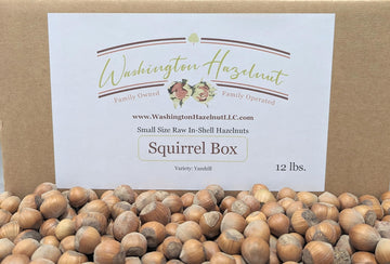 Raw, small size in-shell Hazelnuts grown in our family's orchard. 12 pound squirrel box.