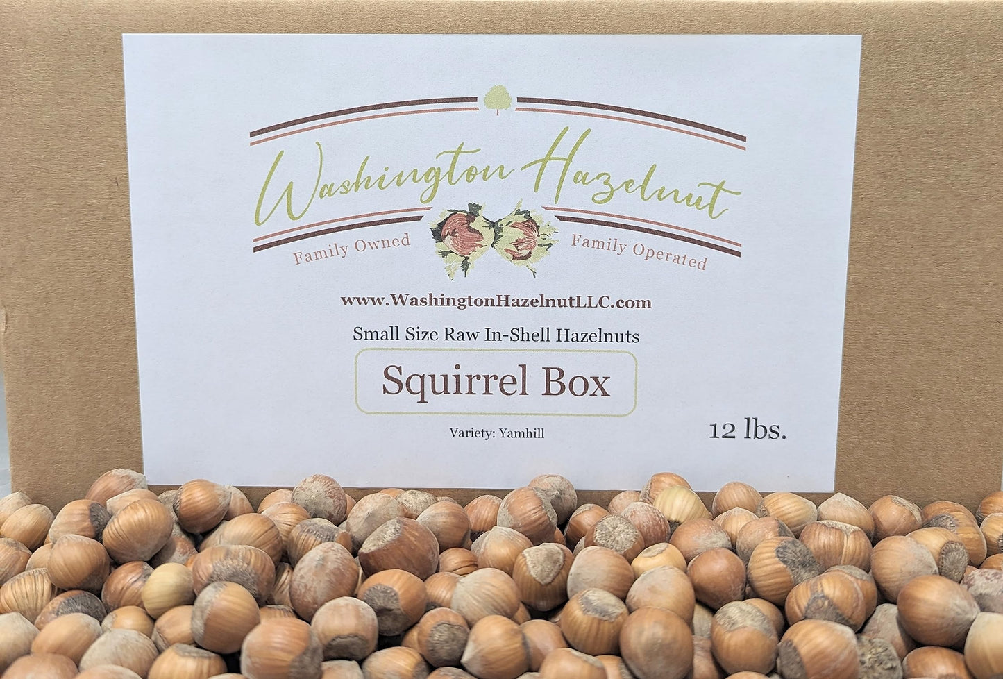 Raw, small size in-shell Hazelnuts grown in our family s orchard. 12 pound squirrel box.