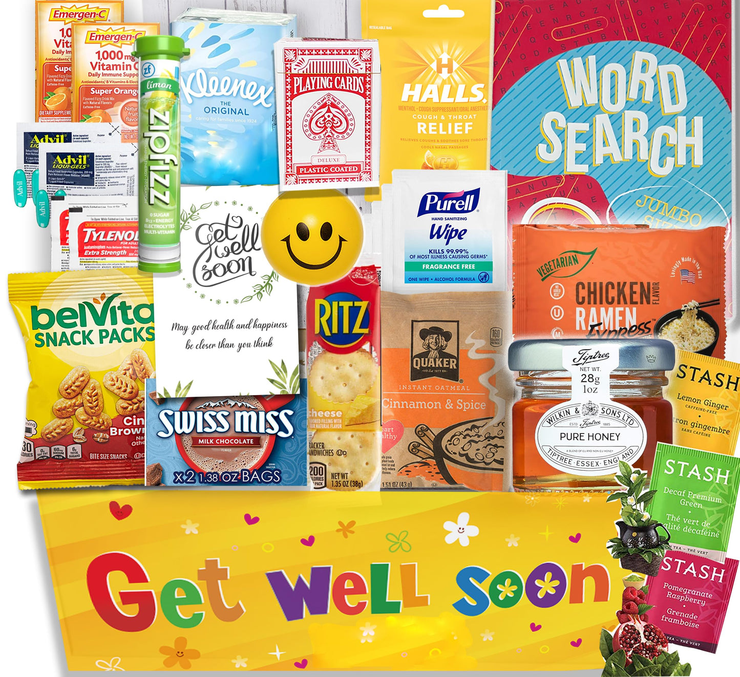 Flu Get Well Gift Basket Care Package – Snacks, Vitamin C, Medicine, Greeting Card, Wipes & Fun Activities – Comfort Gift Set With Tea, Stress Relief Colds, Flu, Allergies For Mature-Themed & Teenage