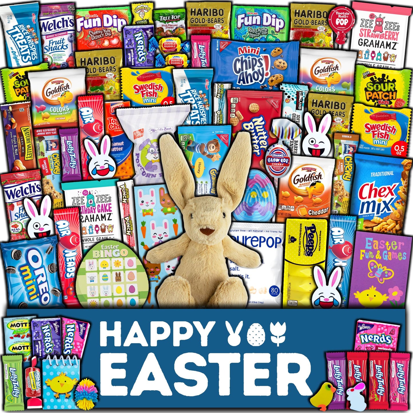 Easter Care Package (65Ct) - Candy Snacks Treats Plush Bunny Chocolate Cookies Gift Box Bundle Basket Fillers Stuffers Present Kids 18+ Uses Boys Girls College Student Child Grandchildren Toddlers