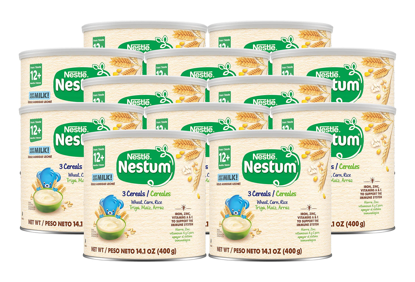 Nestle Nestum Junior Cereal, 3 Cereals - Wheat, Corn & Rice, Made for Toddlers 12 Months, 14.1 OZ Canister (Pack of 12)