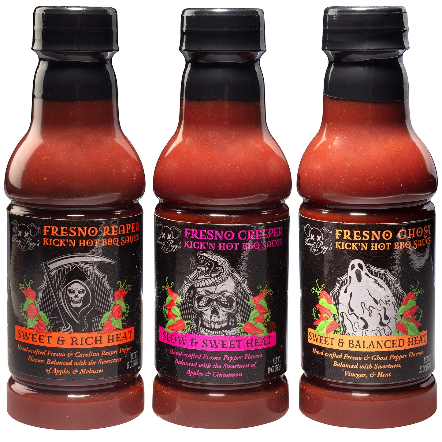 Tony Piggs Kickn Hot BBQ Sauce Variety Pack (3 pk, 19oz ea- Fresno Reaper, Ghost, Creeper)- Hand Crafted Barbecue Sauce w Fres
