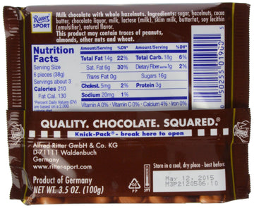 Ritter Sport, Milk Chocolate Hazelnut Square Bar, 3.5 Oz