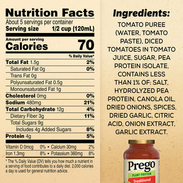 Prego Plant Protein Traditional Pasta Sauce, Plant Based Protein Sauce, 24 Oz Jar
