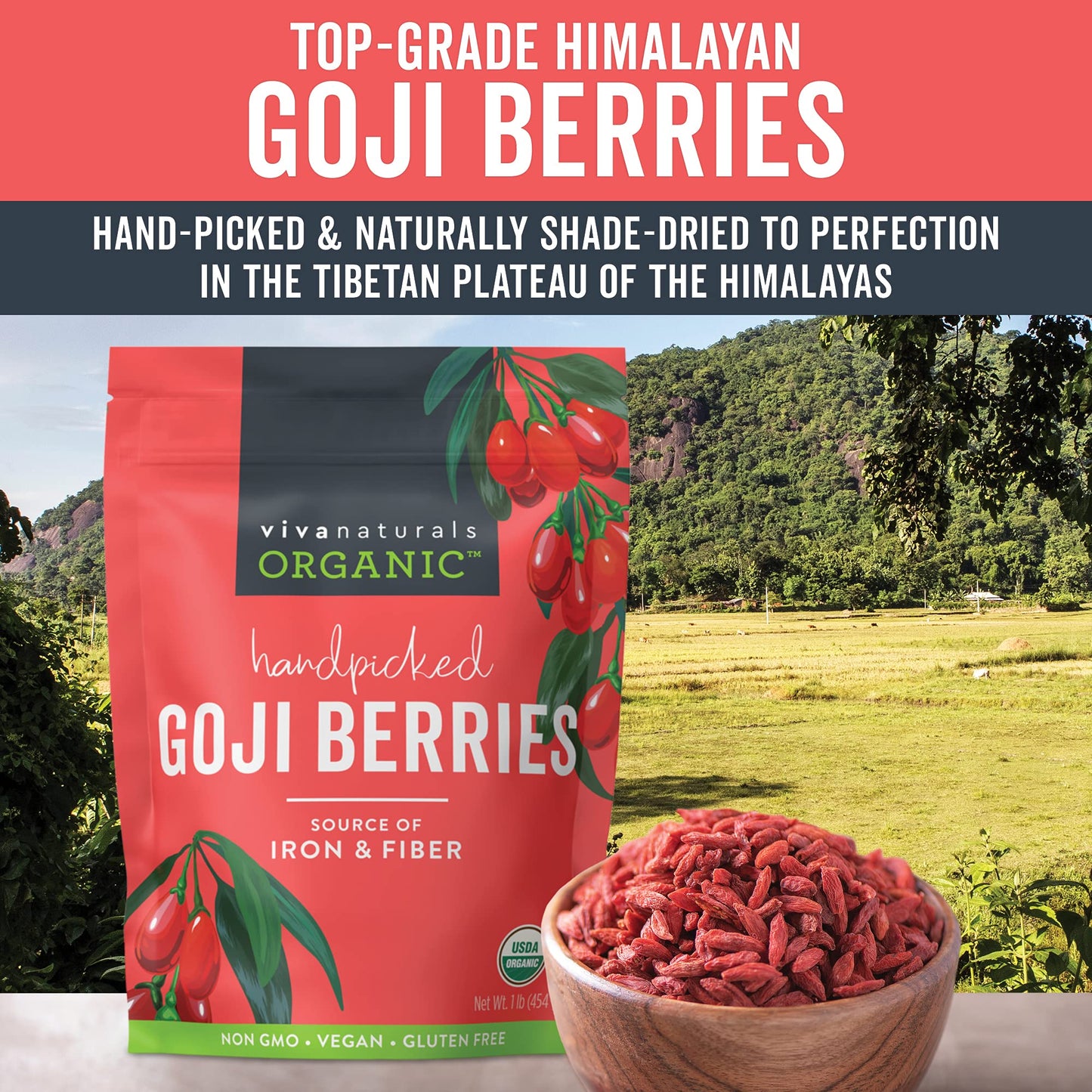 Viva Naturals Organic Dried Goji Berries, 16 Oz (1 Lb) Non-Gmo And Vegan Wolfberries, Perfect For Baking, Smoothies, Teas And Sn