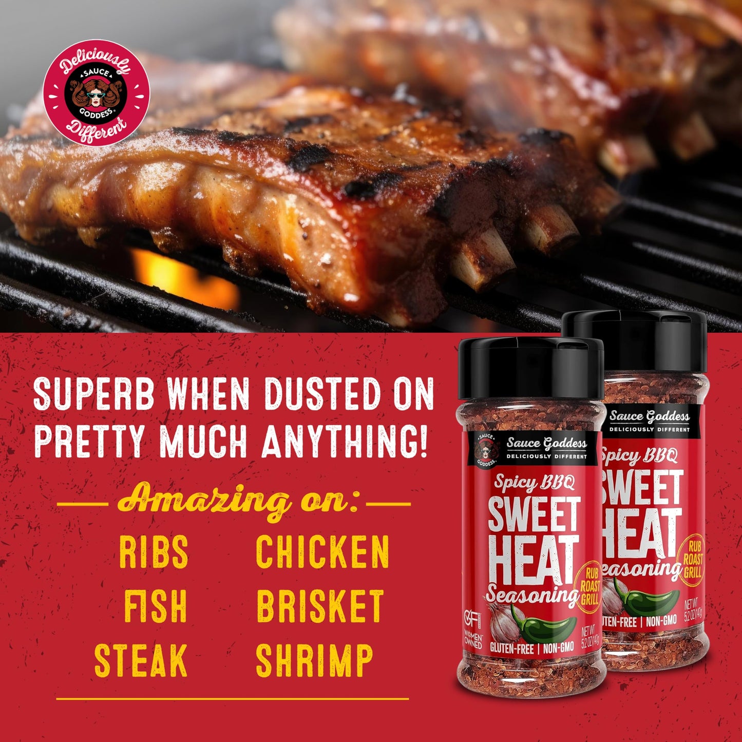 Sauce Goddess BBQ Sweet Heat Spice Shaker (2-Pack) - BBQ Rub with Brown Sugar and Has a Nice Garlic Flavor. Combination of Spicy